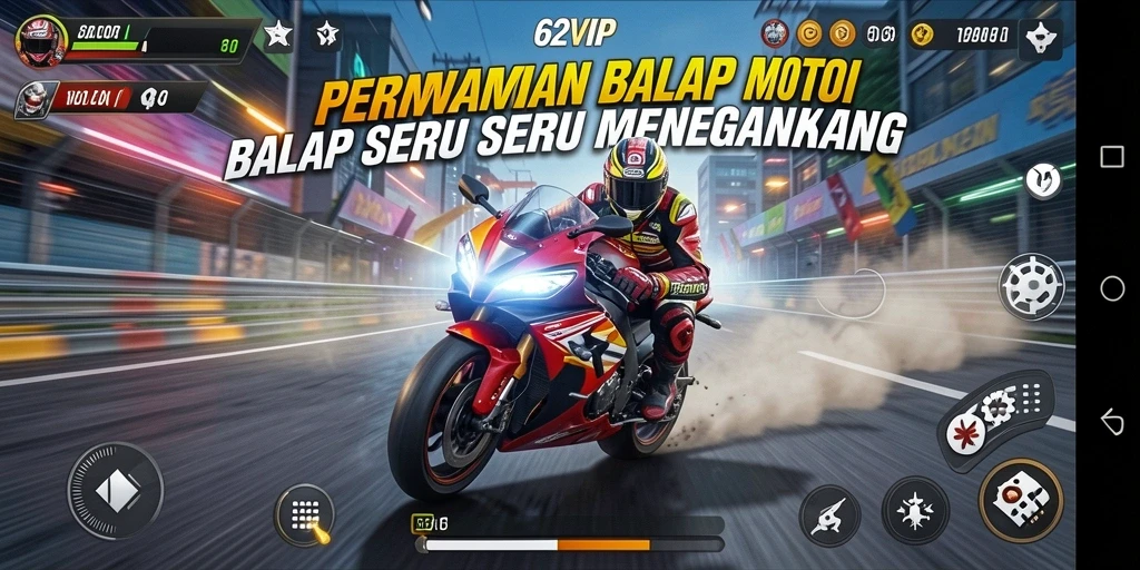 Screenshot gameplay 62VIP menampilkan aksi balap motor yang menegangkan.