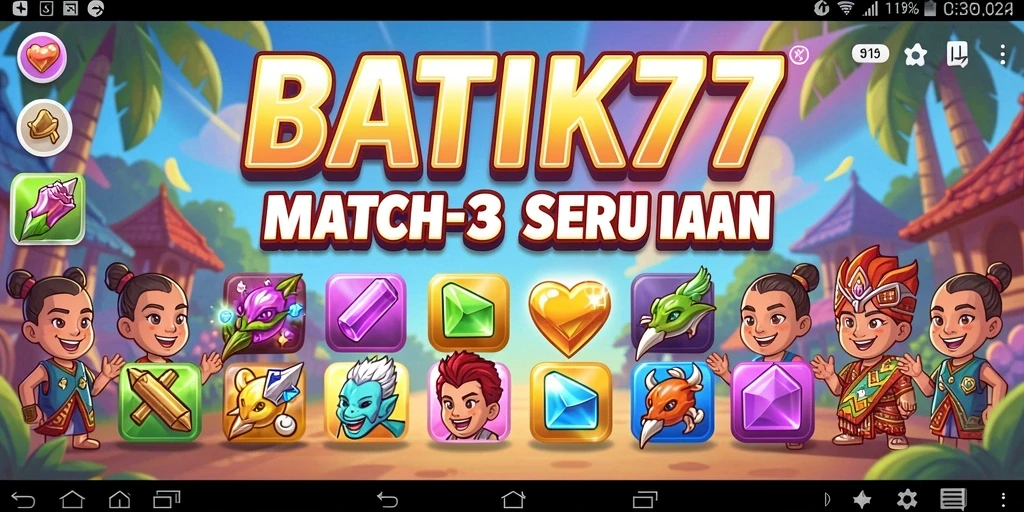 Tampilan gameplay <strong>BATIK77</strong> yang seru dengan elemen Match-3 yang menawan.