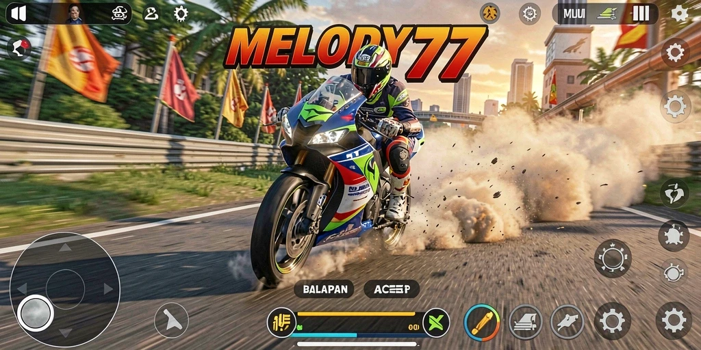 Gameplay seru MELODY77 dengan aksi balapan motor