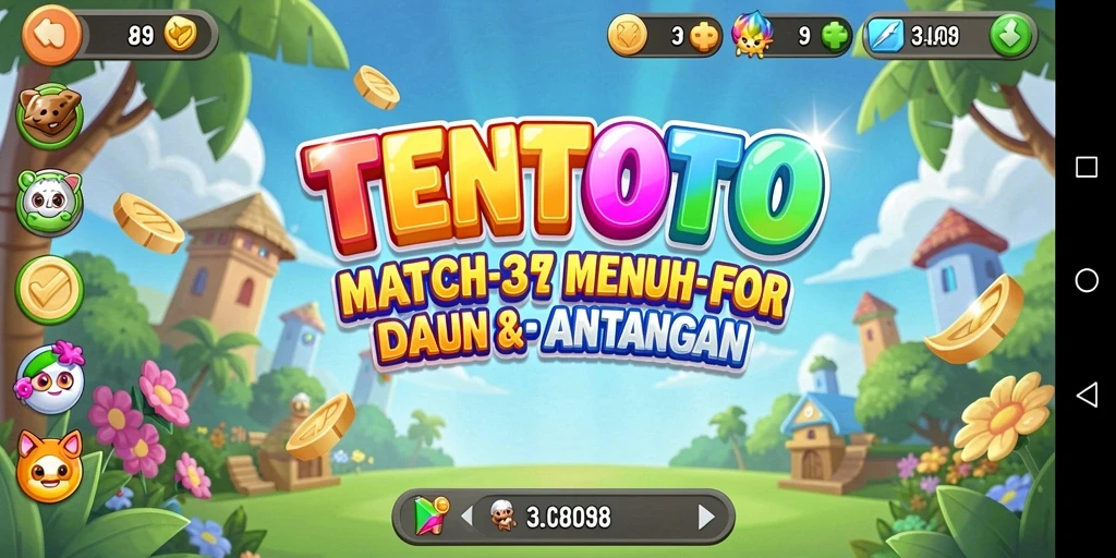 Tangkapan layar TENTOTO menampilkan gameplay Match-3 yang seru dan penuh warna.